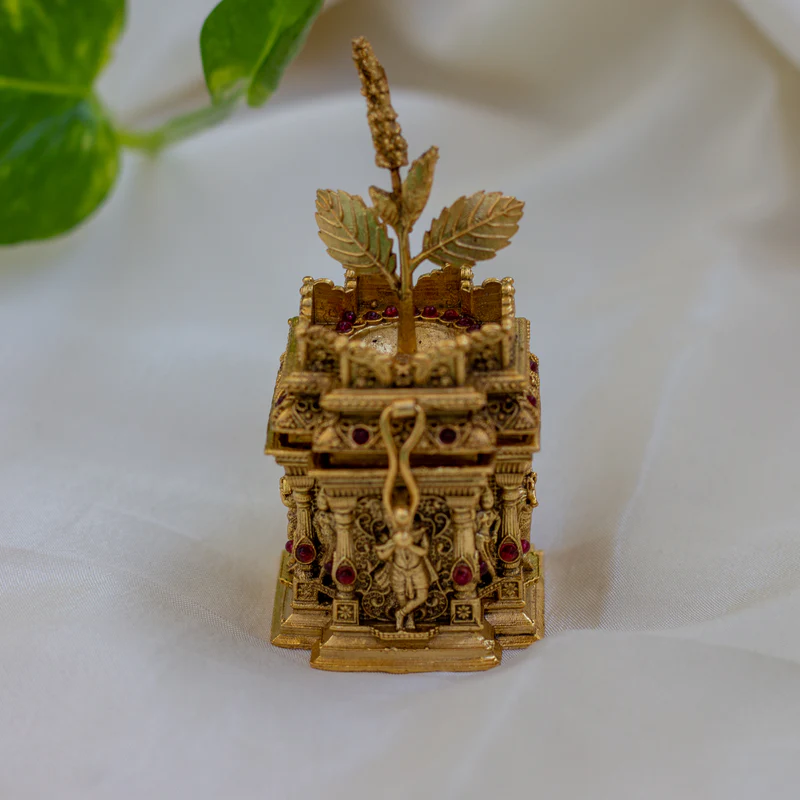 Antique Gold Krishna Tulsi Nakshi Design Deep Kumkum Box